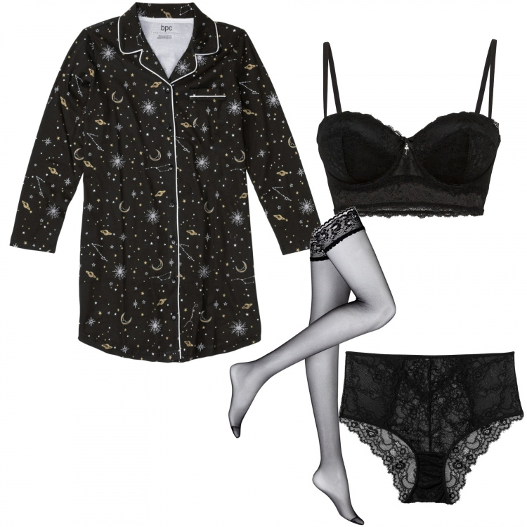 Outfit donna - La notte è lunga. Stile Sexy per Serata fuori. Abbinamento con reggiseni a balconcino, camicie da notte, slip, calzini.