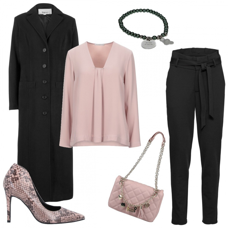 Outfit donna - Chic #49741. Stile Chic per Ufficio. Abbinamento con cappotti, pantaloni, bluse, borse a mano, décolleté, braccialetti.