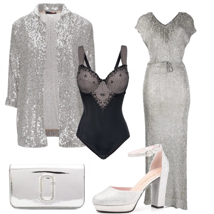 Outfit donna - Sexy #11088. Stile Sexy per Serata fuori. Abbinamento con body, blazer, décolleté, vestiti lunghi, clutch.