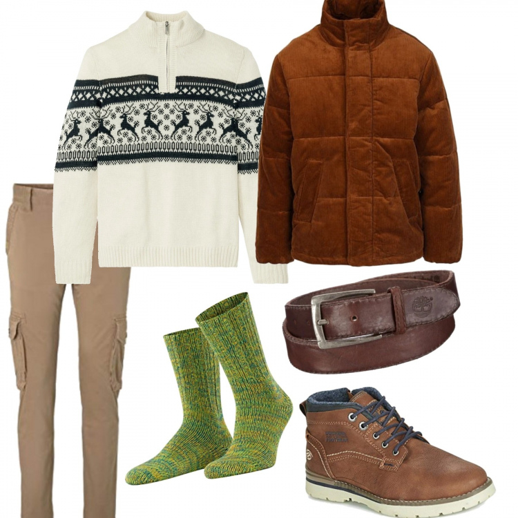 Outfit uomo - I calzini da elfo. Stile Casual per Serata speciale. Abbinamento con piumini, maglieria, sneakers, pantaloni cargo, cinture, calzini.
