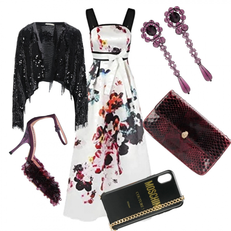 Outfit donna - Cara amica mia. Stile Chic per Serata fuori. Abbinamento con décolleté, bolero, orecchini, cover telefono, clutch, vestiti.