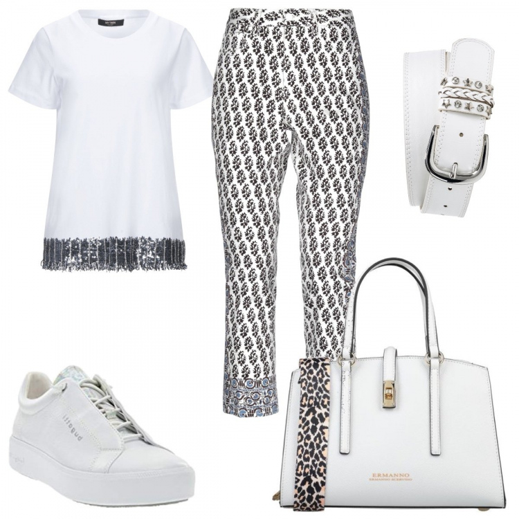 Outfit donna - La sneakers bianca. Stile Basic per Tutti i giorni. Abbinamento con cinture, pantaloni, t-shirt, borse a mano, sneakers.