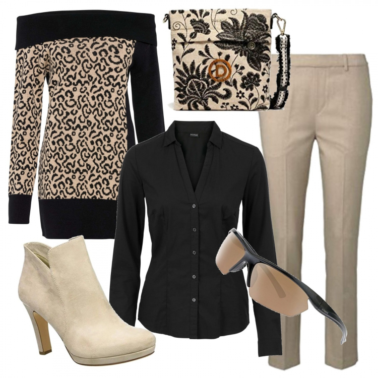 Outfit donna - Sole d\'Inverno. Stile Trendy per Tutti i giorni. Abbinamento con camicie, maglioni, pantaloni, borse a tracolla, stivaletti, occhiali da sole.