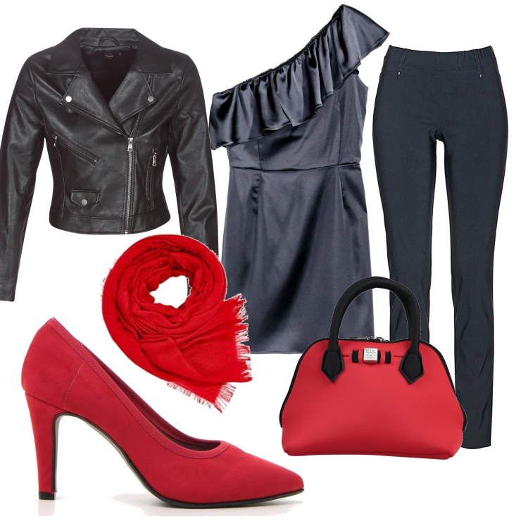 Outfit donna - Sex and city. Stile Trendy per Serata fuori. Abbinamento con pantaloni, borse a mano, giacche, vestiti asimmetrici, décolleté, sciarpe.