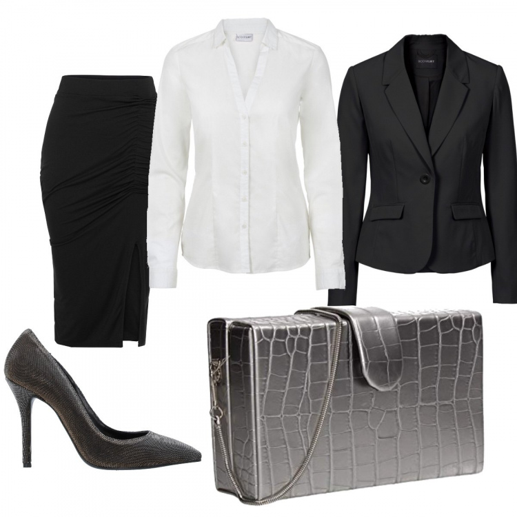 Outfit donna - Clutch&tratsch. Stile Bon Ton per Serata fuori. Abbinamento con décolleté, blazer, gonne longuette, camicie, pochette.