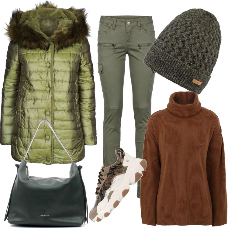 Outfit donna - Stile urbano. Stile Urban per Tutti i giorni. Abbinamento con pantaloni cargo, piumini, pullovers, borse a spalla, sneakers, berretti.