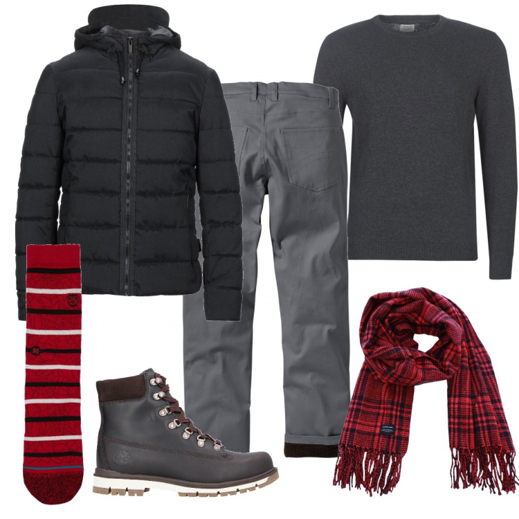 Outfit uomo - Calzini rossi a righe. Stile Casual per Tutti i giorni. Abbinamento con pantaloni, piumini, stivali e stivaletti, maglioni, sciarpe, calzini.