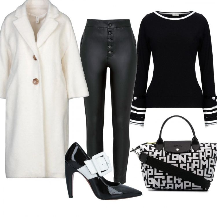 Outfit mujer - Cena de empresa. Estilo Chic para Oficina. Combinación con pantalones, abrigos, jerséis, salones, bolso shopper.