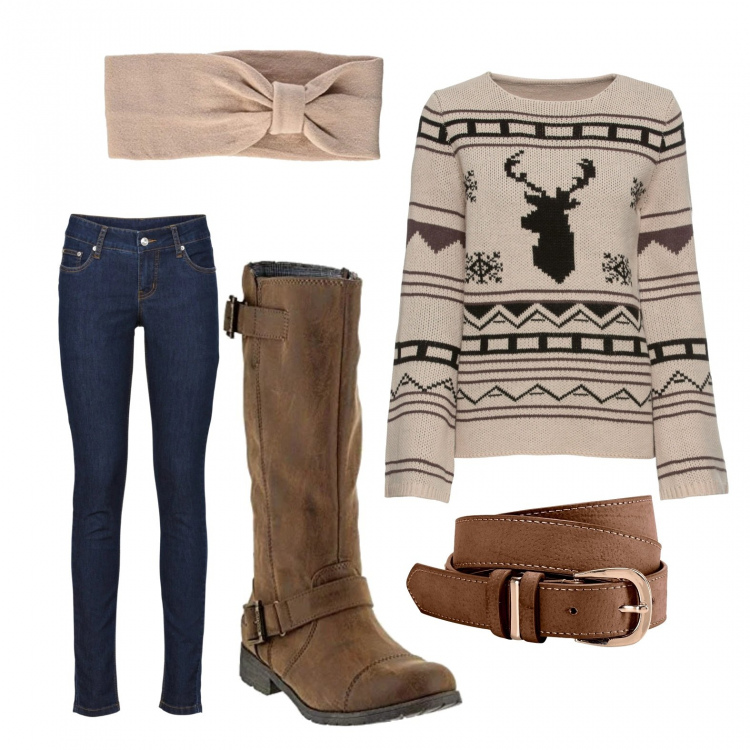 Outfit donna - Basic da casa. Stile Basic per Tutti i giorni. Abbinamento con jeans skinny, maglioni, cinture, stivaletti, fasce per capelli.