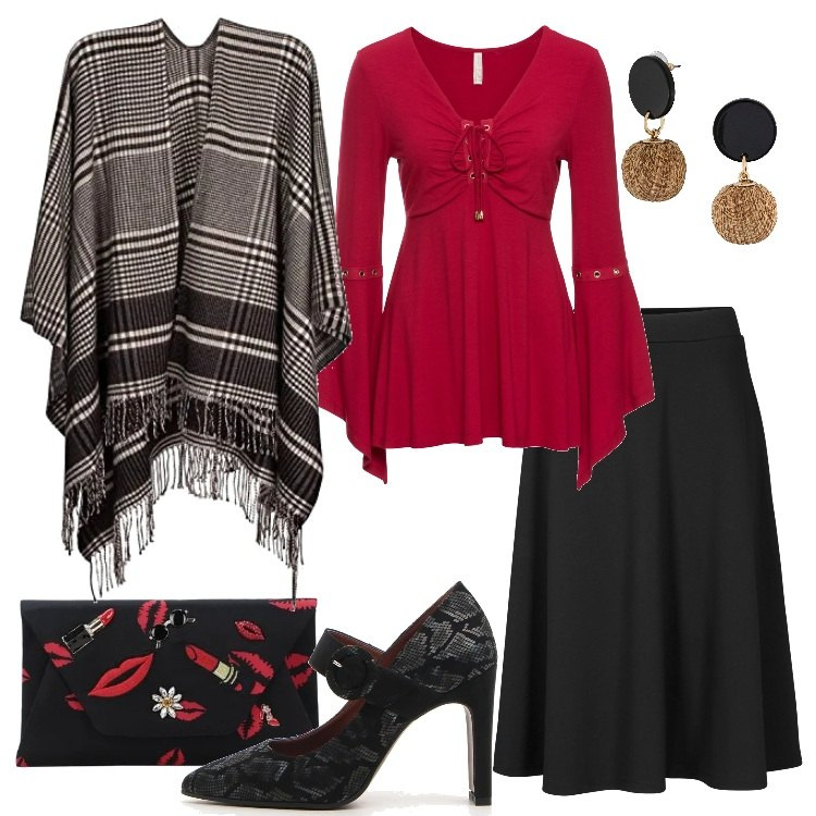 Outfit donna - Nero e rosso. Stile Bon Ton per Serata fuori. Abbinamento con gonne longuette, orecchini, pullovers, borse a mano, décolleté, cappotti.