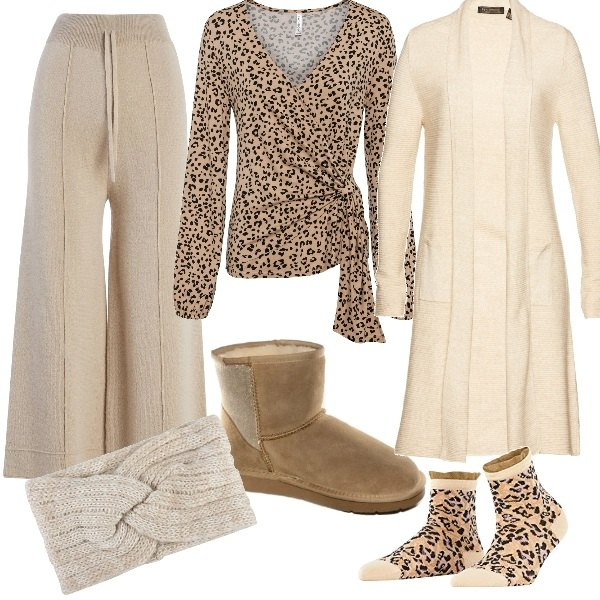 Outfit donna - Una comoda ed elegante domenica.. Stile Basic per Tutti i giorni. Abbinamento con cardigans, pullovers, pantaloni culotte, stivali da neve, calzini, fasce per capelli.