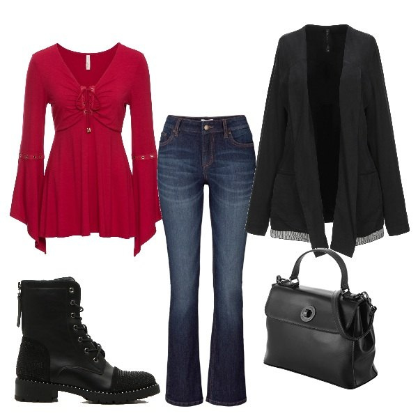 Outfit donna - La blusa chic!. Stile Trendy per Tutti i giorni. Abbinamento con jeans bootcut, pullovers, blazer, borse a mano, anfibi.