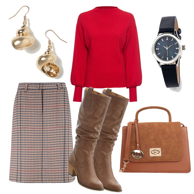 Outfit donna - Rigore in ufficio. Stile Urban per Ufficio. Abbinamento con maglieria, stivali, gonne, orologi, borse a mano, orecchini.