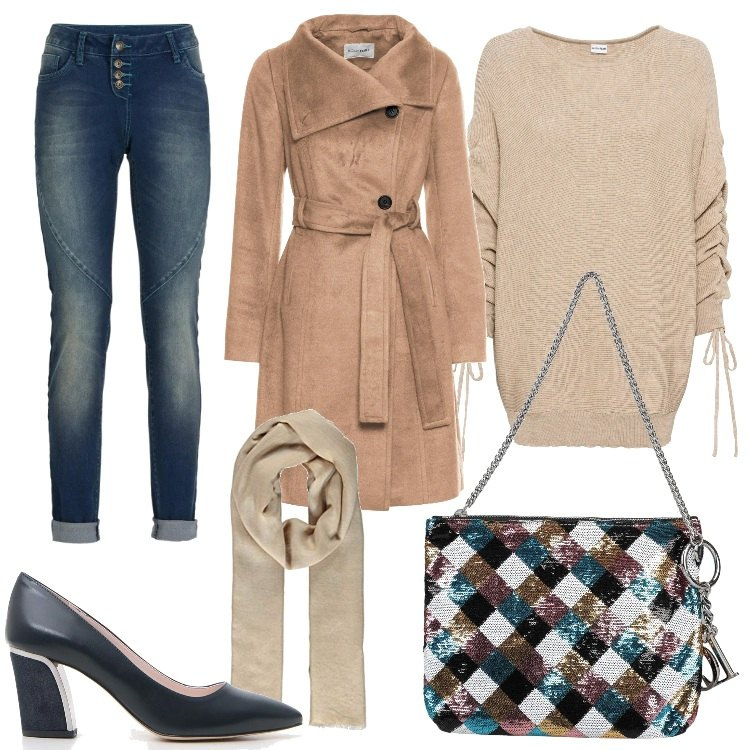 Outfit donna - Semplice con stile. Stile Trendy per Ufficio. Abbinamento con jeans boyfriend, maglieria, cappotti, borse a mano, décolleté, sciarpe.