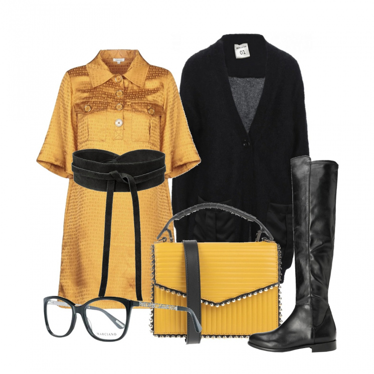 Outfit donna - In giallo e nero. Stile Trendy per Tutti i giorni. Abbinamento con cinture, vestiti corti, cardigans, borse a mano, stivali sopra il ginocchio, occhiali.