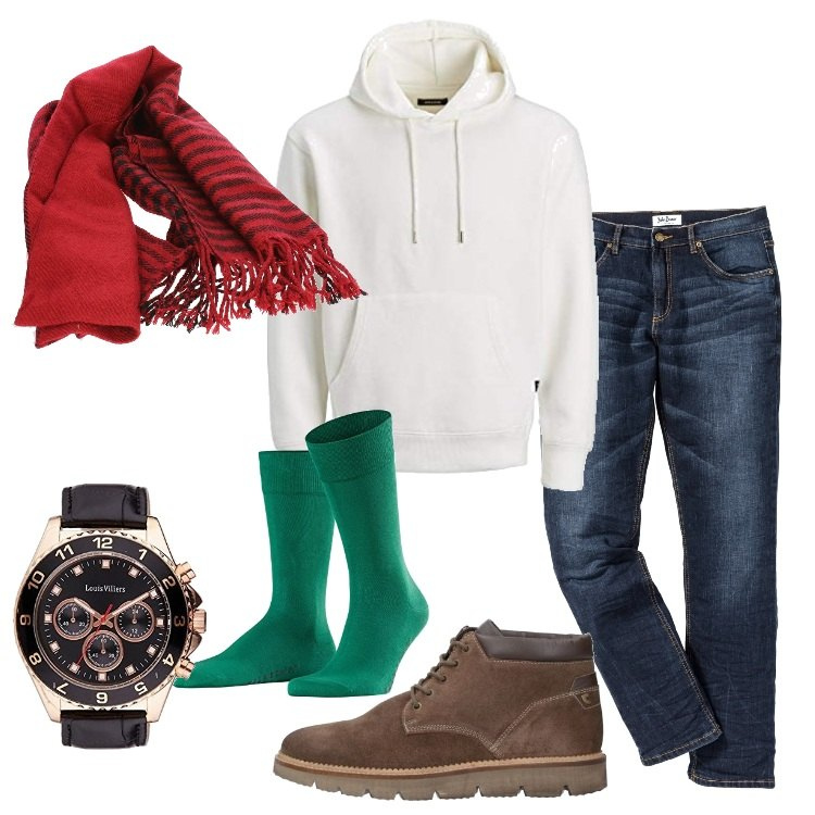 Outfit uomo - Idee regalo sotto l\'albero. Stile Casual per Tutti i giorni. Abbinamento con jeans slim fit, stivali e stivaletti, sciarpe, orologi analogici, felpe con cappuccio, calzini.