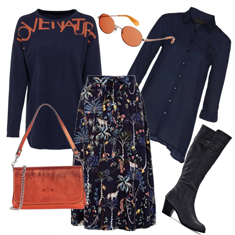 Outfit donna - Arancione e blu. Stile Trendy per Tutti i giorni. Abbinamento con stivali, maglieria, camicie, borse a mano, gonne, occhiali da sole.