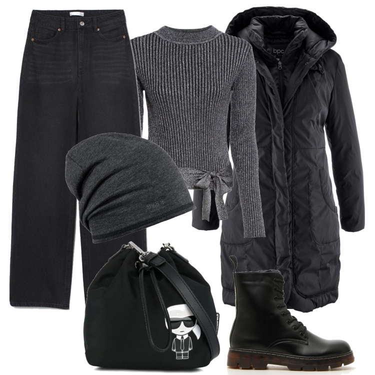 Outfit donna - Curvy Casual Style. Stile Urban per Tutti i giorni. Abbinamento con blazer, maglioni, berretti, borse a secchiello, jeans, anfibi.