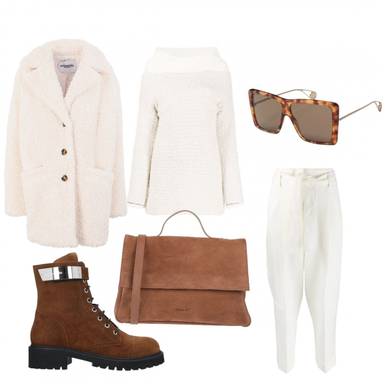 Outfit donna - Bianco d’inverno. Stile Trendy per Tutti i giorni. Abbinamento con stivaletti, cappotti, borse a mano, occhiali da sole, pantaloni, maglioni.