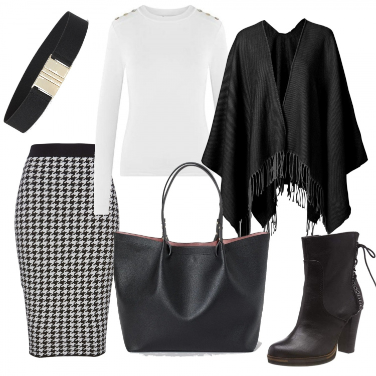 Outfit donna - Il poncho con le frange. Stile Trendy per Ufficio. Abbinamento con gonne, cappotti, shopping bag, maglieria, stivaletti, cinture.