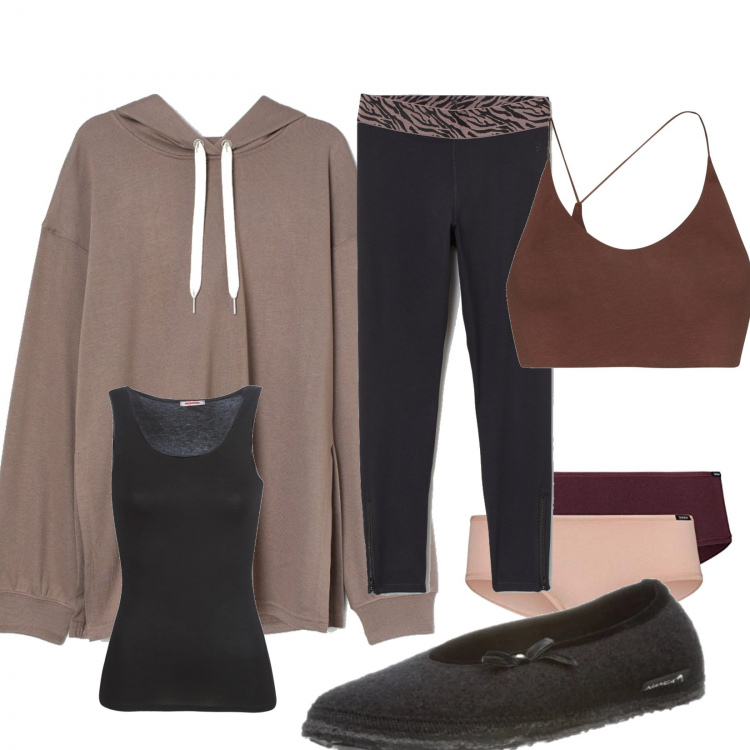 Outfit donna - The caldo e relax. Stile Basic per Tutti i giorni. Abbinamento con magliette intime, bralette, leggings, felpe con cappuccio, culotte.
