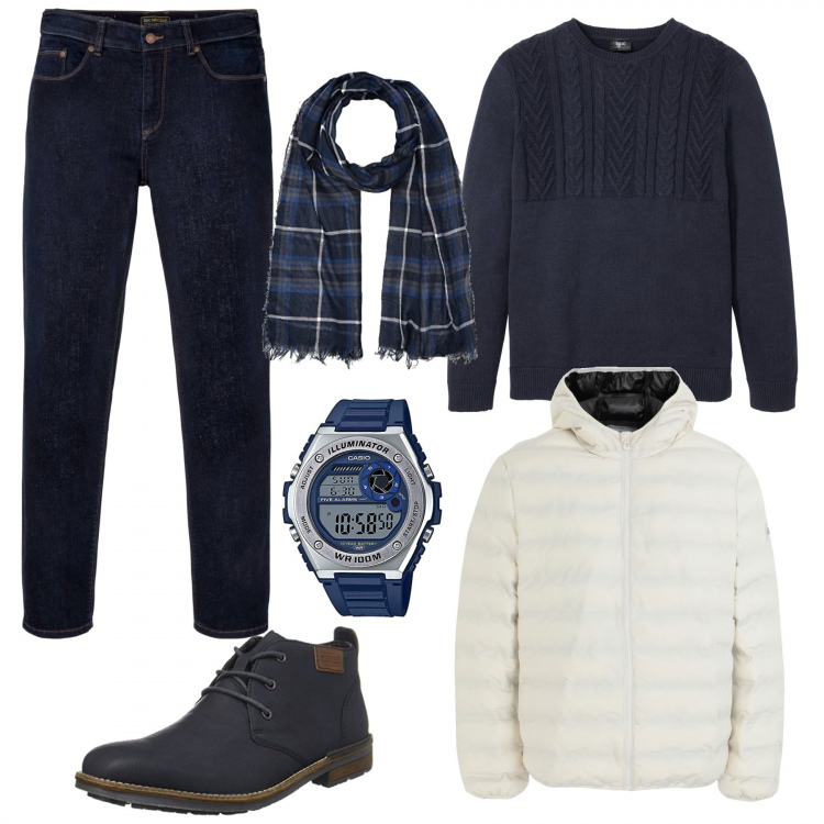 Outfit uomo - Piumino bianco sul blu. Stile Casual per Tutti i giorni. Abbinamento con jeans dritti, maglioni, cappotti, sciarpe, stivali, orologi.