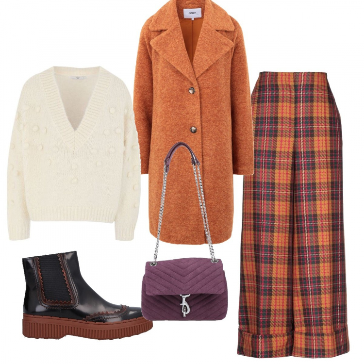 Outfit donna - Un po’ di colore. Stile Basic per Tutti i giorni. Abbinamento con cappotti, pantaloni, pullovers, stivaletti chelsea, borse a spalla.