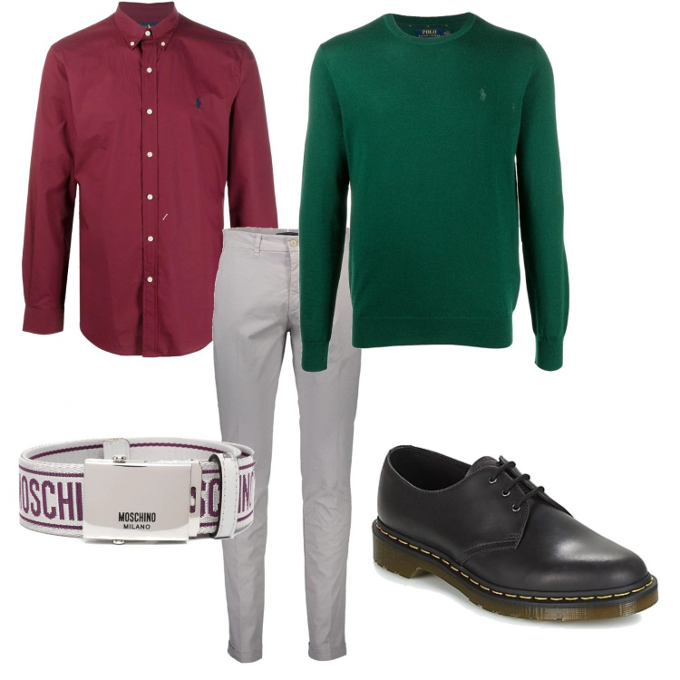 Outfit uomo - Elfo di Natale. Stile Business/Elegante per Serata speciale. Abbinamento con pantaloni, scarpe stringate, maglieria, camicie, cinture.