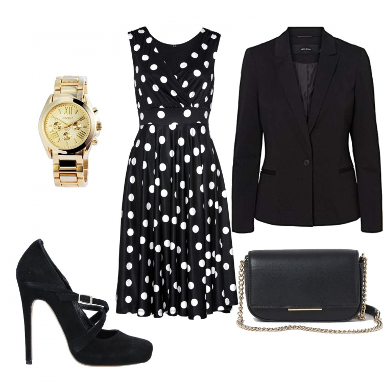 Outfit donna - Nero e pois. Stile Chic per Cerimonia. Abbinamento con vestiti, décolleté, borse a tracolla, blazer, orologi.