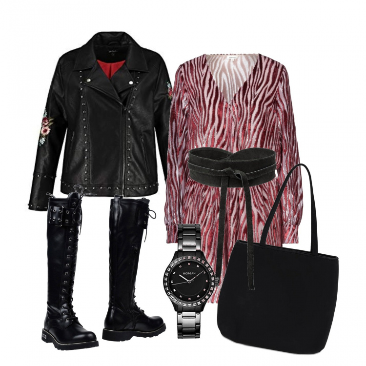 Outfit donna - Una zebra .... rossa. Stile Rock per Tutti i giorni. Abbinamento con cinture, stivali, vestiti corti, giacche, orologi, borse a mano.