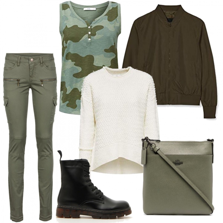 Outfit donna - Basic #47278. Stile Basic per Tutti i giorni. Abbinamento con pantaloni cargo, borse a tracolla, maglioni, anfibi, t-shirt, bomber.