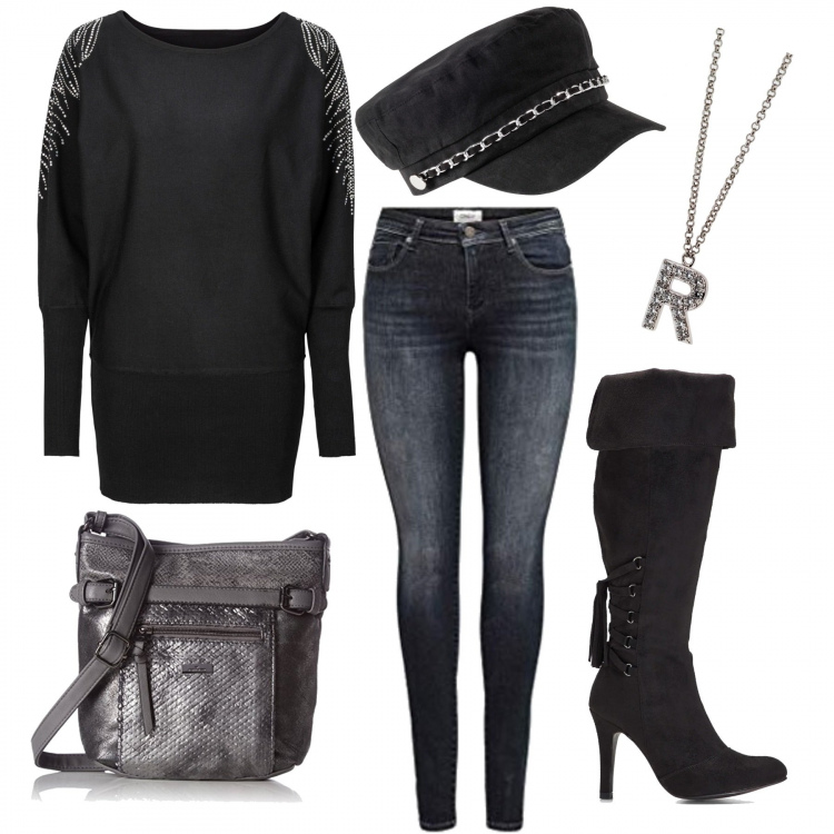 Outfit donna - Trendy col maglione nero. Stile Rock per Tutti i giorni. Abbinamento con maglieria, stivali sopra il ginocchio, berretti, pantaloni skinny, borse a tracolla, borse a spalla.
