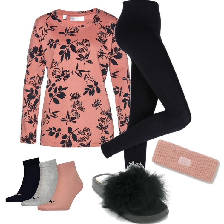Outfit donna - Eleganza casalinga. Stile Basic per Tutti i giorni. Abbinamento con leggings, felpe, ciabatte, fasce per capelli, calzini.