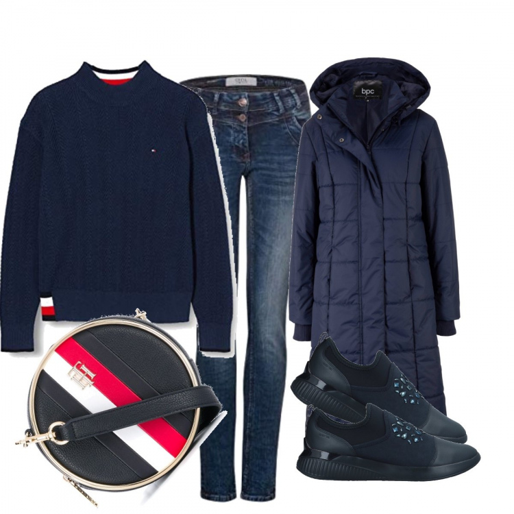Outfit donna - Comodi e caldi. Stile Basic per Tutti i giorni. Abbinamento con blazer, sneakers, borse a tracolla, maglieria, jeans dritti.