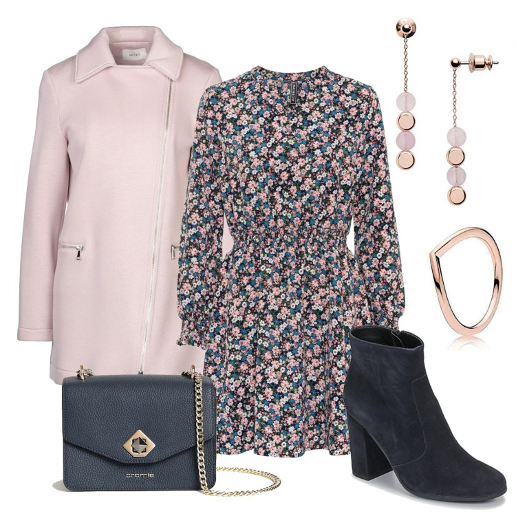 Outfit donna - Pronta per uscire. Stile Trendy per Tutti i giorni. Abbinamento con cappotti, vestiti, borse a tracolla, stivaletti, orecchini, anelli.