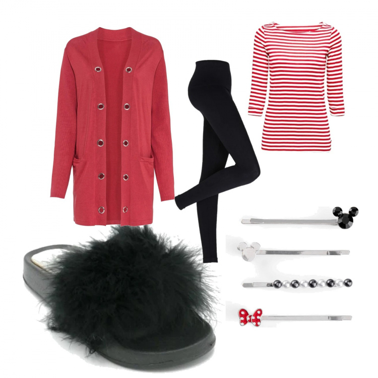 Outfit donna - Home sweet home. Stile Basic per Tutti i giorni. Abbinamento con leggings, cardigans, accessori per capelli, ciabatte, pullovers.