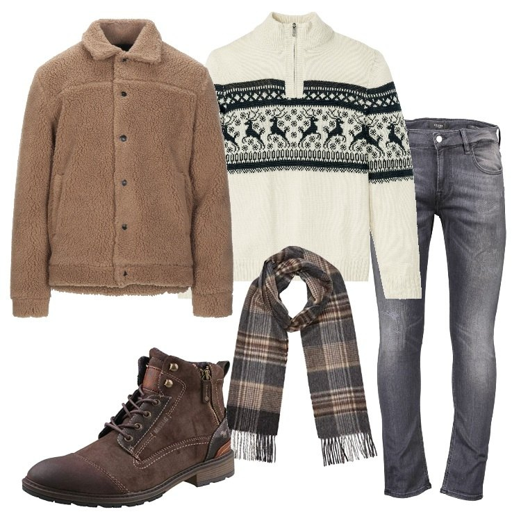 Outfit uomo - Christmas mood. Stile Casual per Tutti i giorni. Abbinamento con maglieria, cappotti, jeans, sciarpe, stivali e stivaletti.