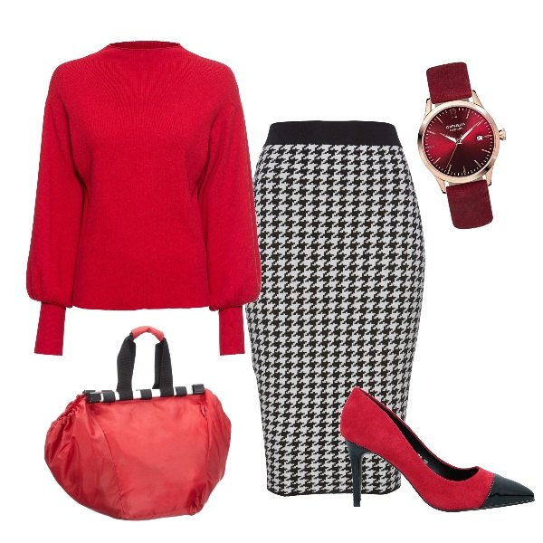 Outfit donna - Rosso e nero. Stile Chic per Ufficio. Abbinamento con maglieria, gonne, décolleté, borse a mano, orologi analogici.