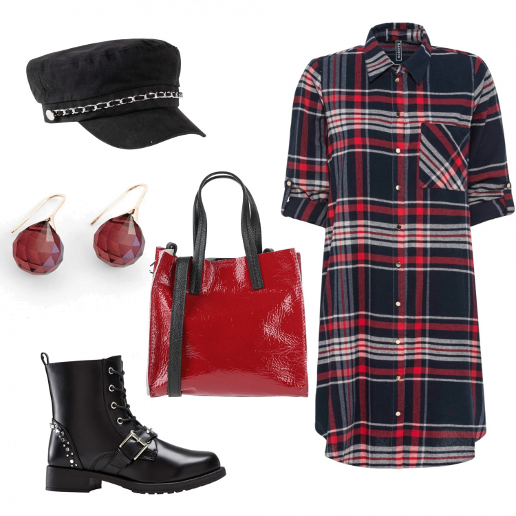 Outfit donna - Regali di natale. Stile Urban per Tutti i giorni. Abbinamento con vestiti chemisier, stivaletti, orecchini, berretti, borse a mano.