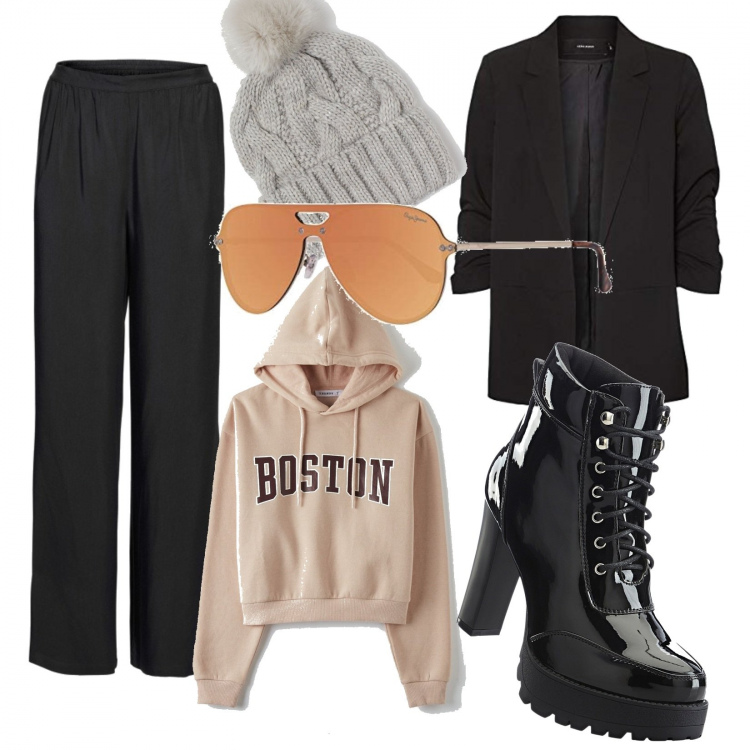 Outfit donna - Tresh. Abbinamento con stivaletti, pantaloni a palazzo, felpe con cappuccio, berretti, occhiali da sole, blazer.