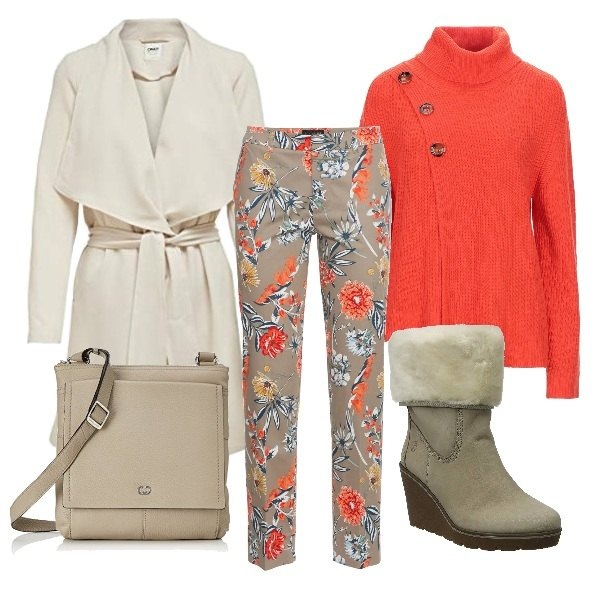 Outfit donna - Pantaloni a fiori. Stile Basic per Tutti i giorni. Abbinamento con pantaloni, pullovers, stivaletti, cappotti, borse a spalla.