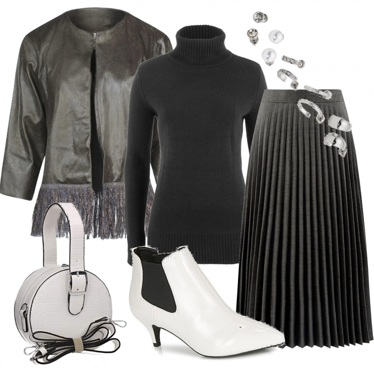 Outfit donna - Giacchina con le frange 1. Stile Trendy per Serata fuori. Abbinamento con maglieria, orecchini, blazer, stivaletti, gonne lunghe, borse a tracolla.