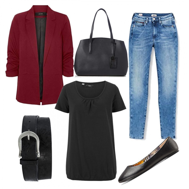 Outfit donna - BasicWow. Stile Basic per Scuola/Università. Abbinamento con t-shirt, ballerine, cinture, jeans skinny, blazer, borse tote.