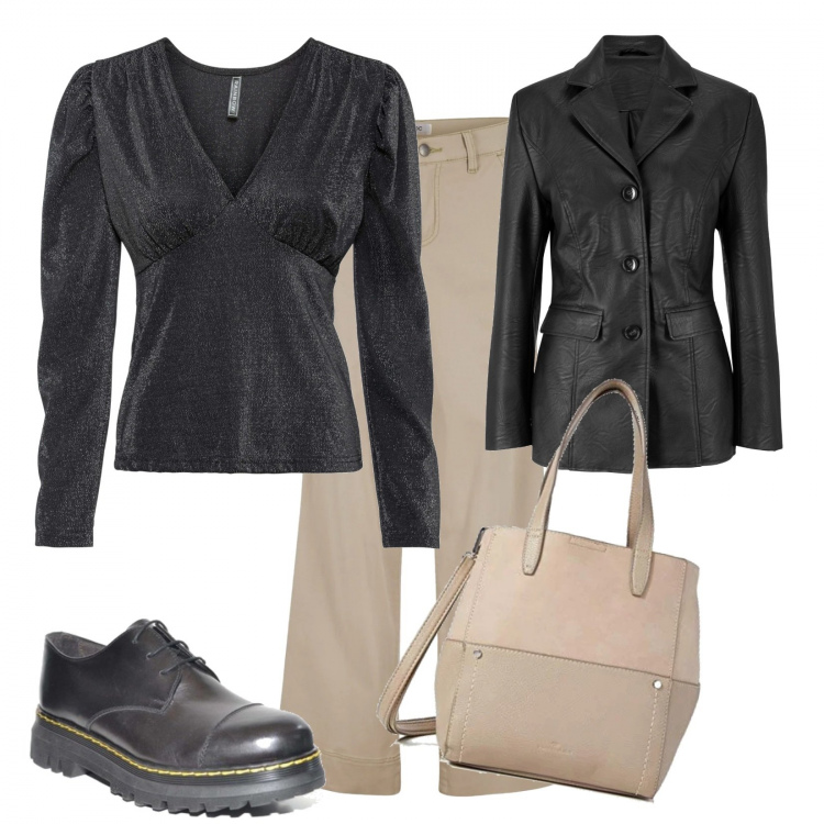 Outfit donna - Stringata un po\' maschile. Stile Basic per Tutti i giorni. Abbinamento con blazer, pullovers, pantaloni a palazzo, francesine, borse tote.