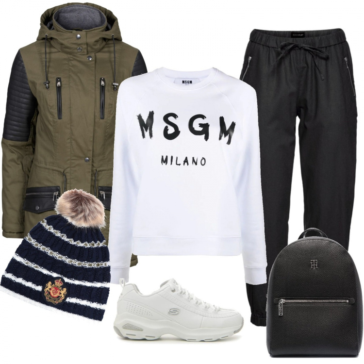 Outfit donna - Passeggiata al parco. Stile Basic per Tutti i giorni. Abbinamento con parka, pantaloni capri, cappelli, felpe, zaini, sneakers.