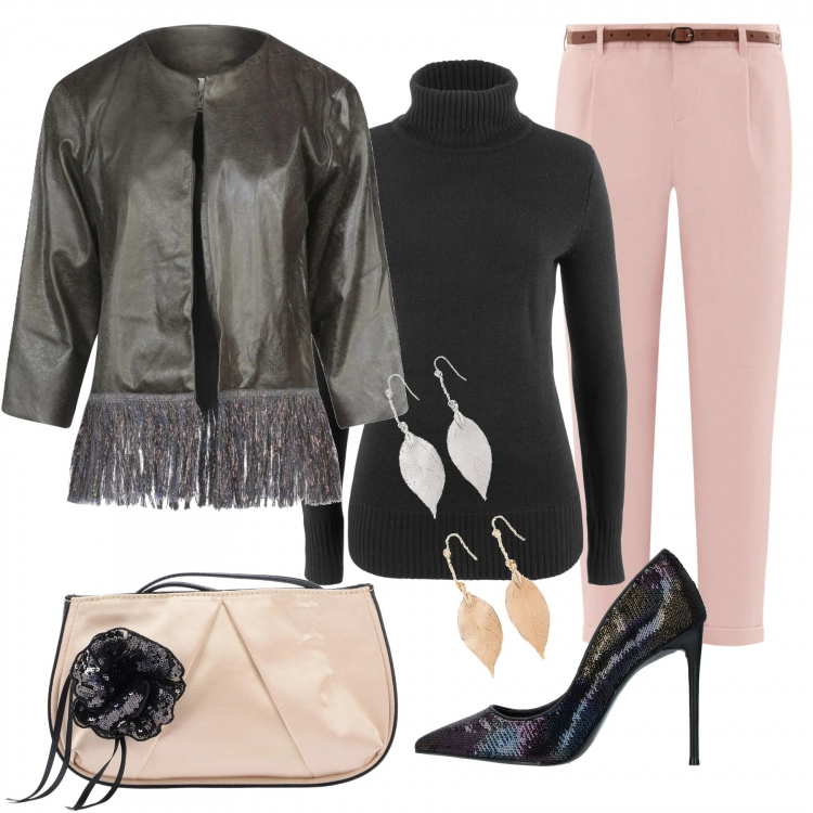 Outfit donna - Giacchina con le frange 2. Stile Trendy per Serata fuori. Abbinamento con maglieria, orecchini, blazer, décolleté, borse a mano, pantaloni capri.