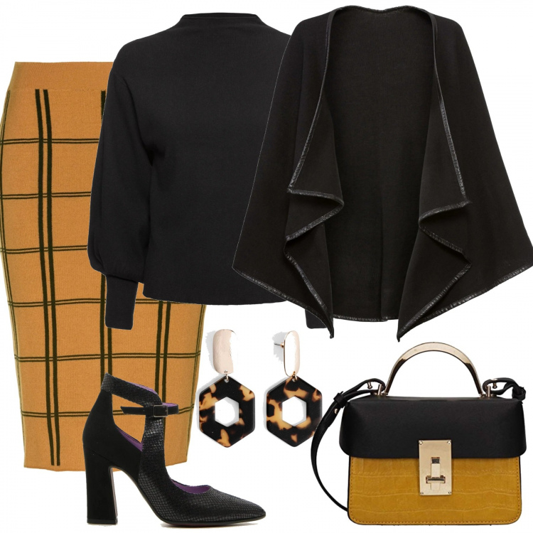 Outfit donna - Un tocco chic - Curvy. Stile Chic per Tutti i giorni. Abbinamento con maglieria, gonne, cappotti, orecchini, borse a tracolla, décolleté.