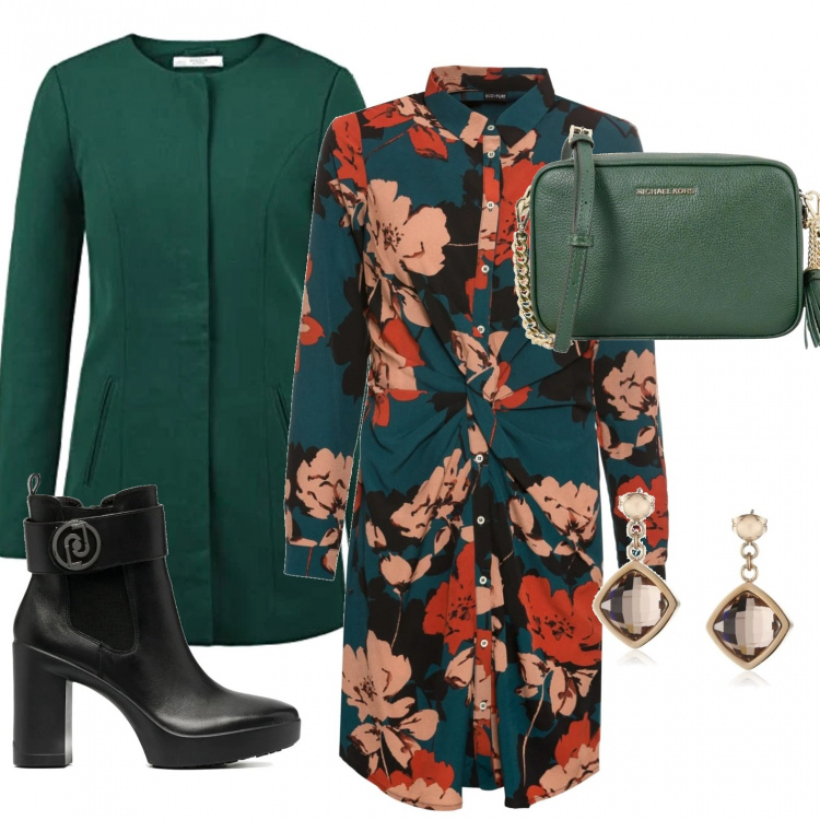 Outfit donna - Serata con le amiche. Stile Trendy per Serata fuori. Abbinamento con vestiti, stivali sopra il ginocchio, cappotti, orecchini, borse a tracolla.
