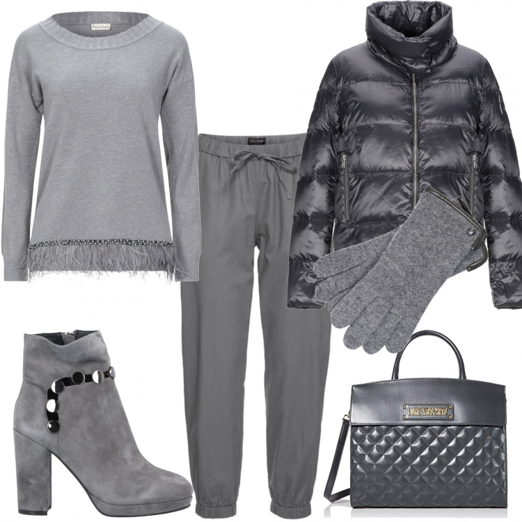 Outfit donna - Sfumature di grigio glam. Stile Bon Ton per Tutti i giorni. Abbinamento con pantaloni, pullovers, stivaletti, piumini, borse a mano, guanti.