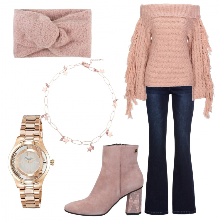 Outfit donna - Outfit chic casa smart working. Stile Trendy per Tutti i giorni. Abbinamento con jeans bootcut, maglieria, stivaletti, collane, orologi, fasce per capelli.